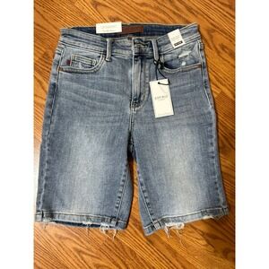 Judy Blue High Waist Bermuda Denim Shorts Light Wash Distressed Raw Hem Size S